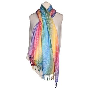 NWT Rainbow Scarf 100% Cashmere Gift From Jerusalem Paisley Pattern Fringe